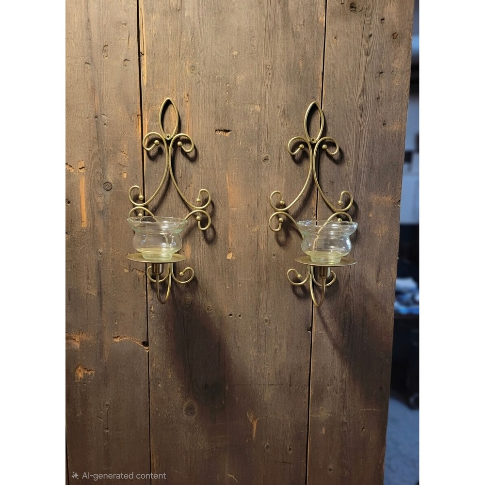 Vintage Brass Wall Sconces Set of 2 Etched Glass Peg Votive Candle Holders